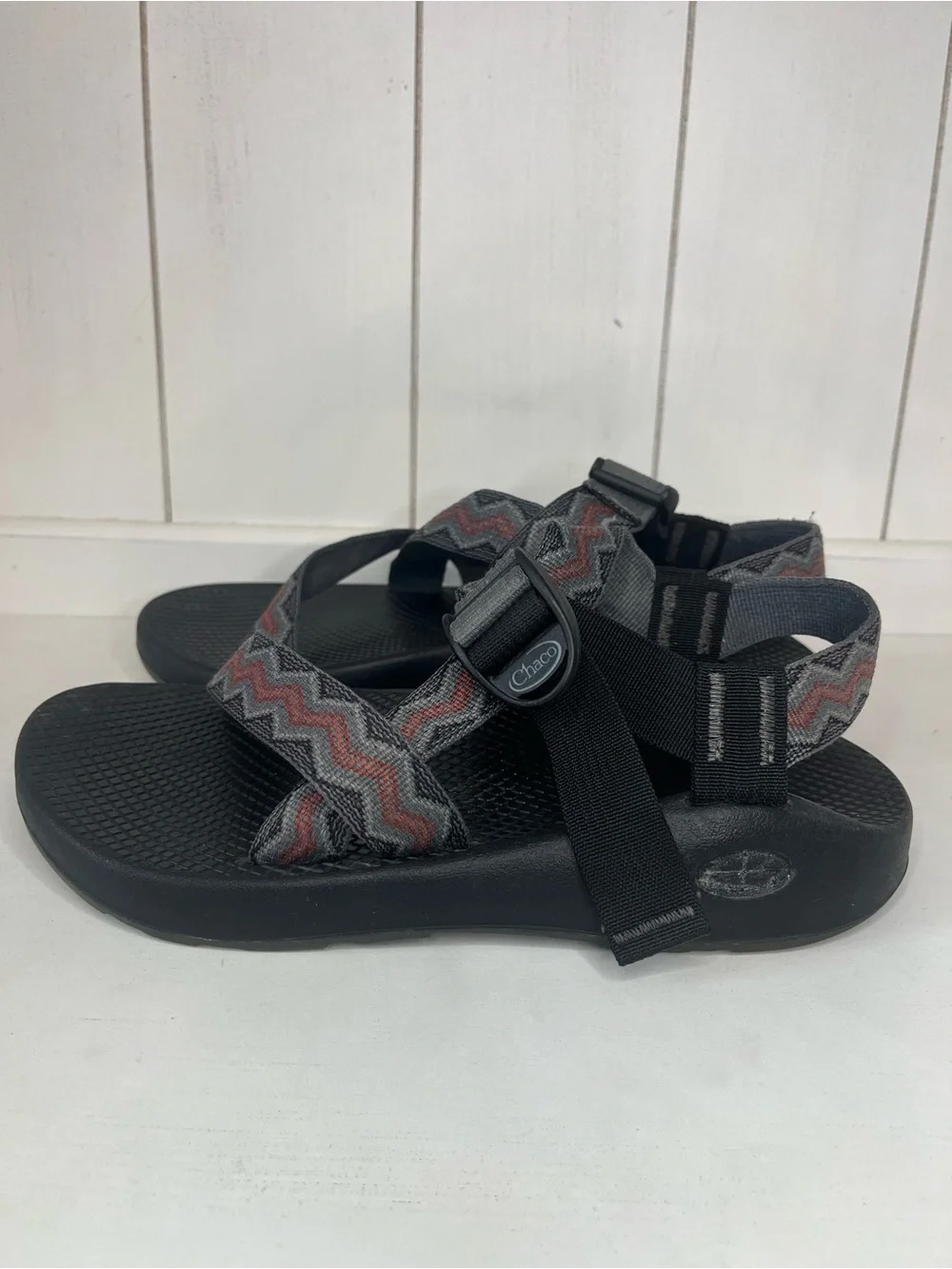 Chaco Men’s Black Sandals with Red-Gray Zigzag Straps